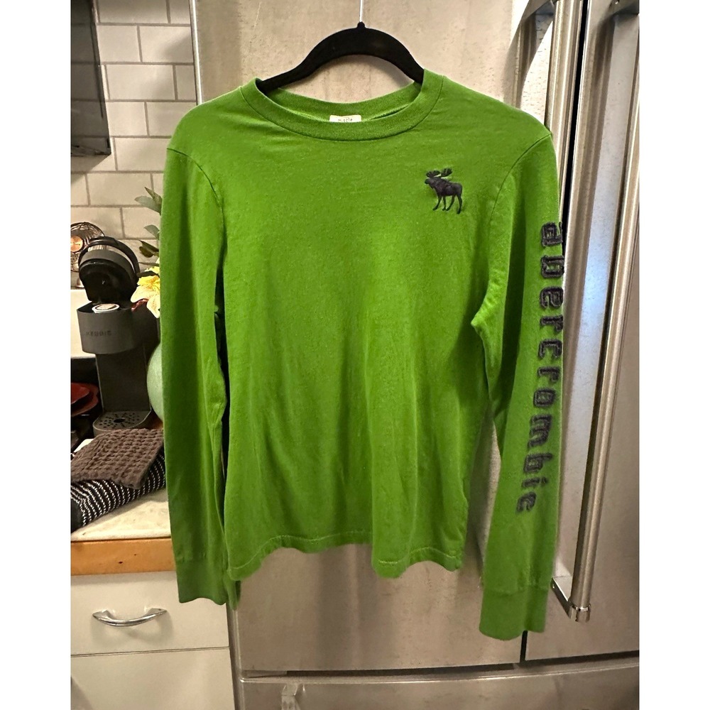 Abercrombie Kids Boys XL Green Long Sleeve Crew Neck Cotton Moose Logo Tee